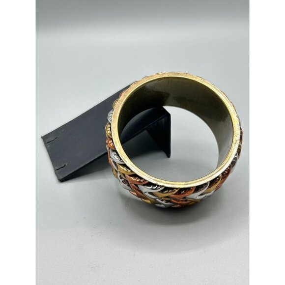 Mixed Metal Brass Copper Silver Tone Chevron Design Chunky Wide Bangle Bracelet - Picture 8 of 11